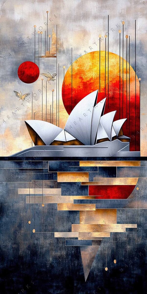 "Abstract digital art with geometric shapes, red sun, and metallic navy and gold tones."