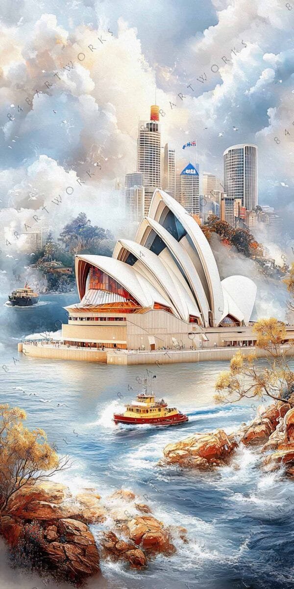 "Digital painting of iconic harbor building, city skyline, and ferry on choppy water."