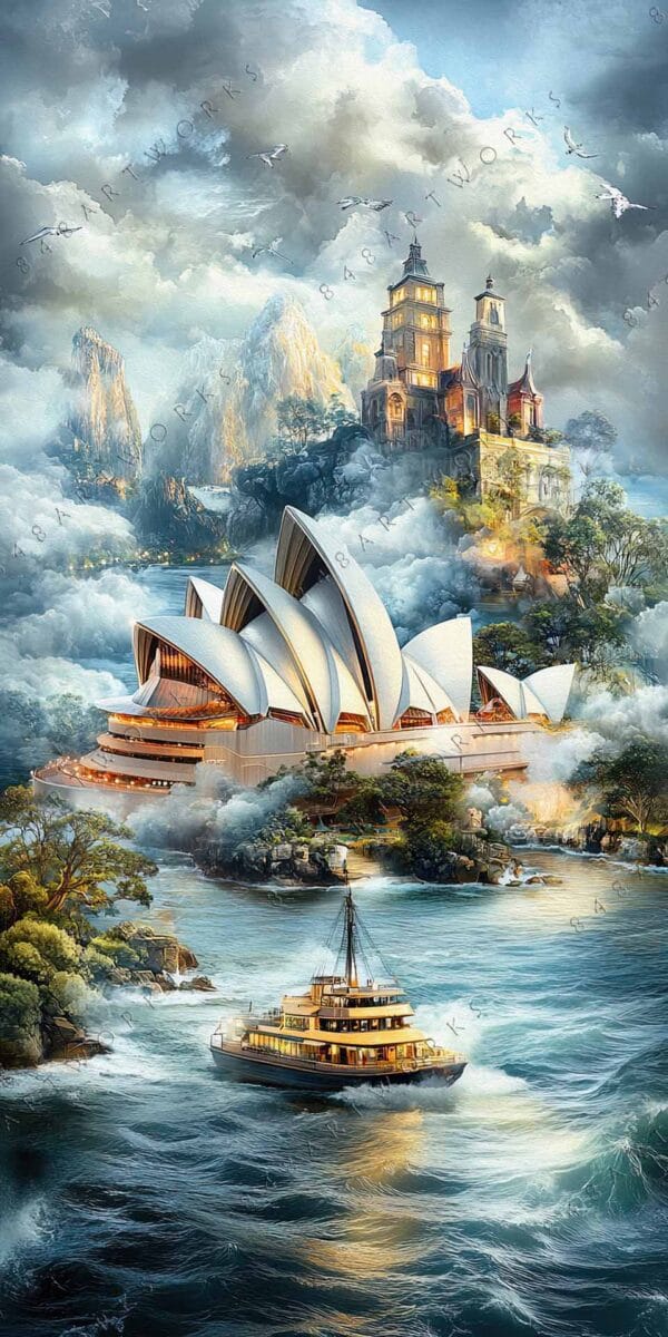 "Fantasy digital painting of a futuristic city, dramatic clouds, and a sailing ship."