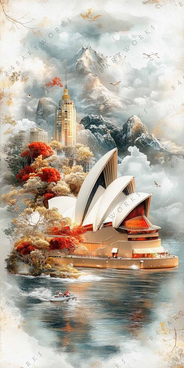 Digital painting of a futuristic cityscape with mountains, autumn trees, and a coastal building.