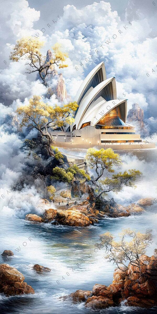 "Fantasy digital painting of a building amid clouds and trees over rocky seascape."