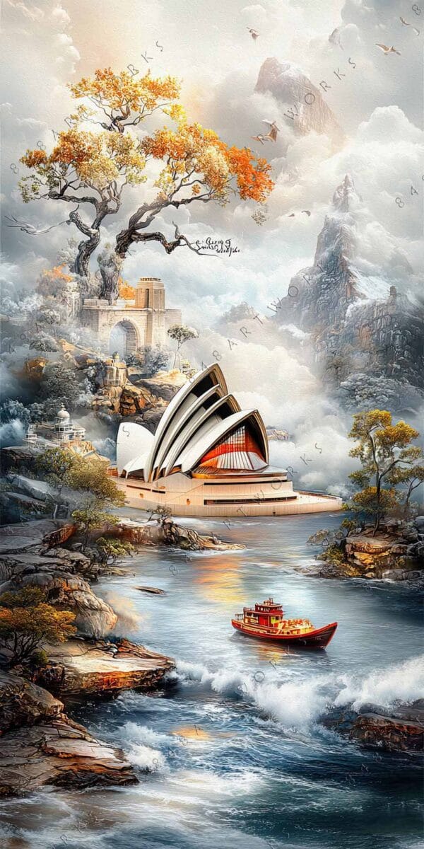 "Fantasy digital painting of iconic architecture, trees, and river with a small red boat."
