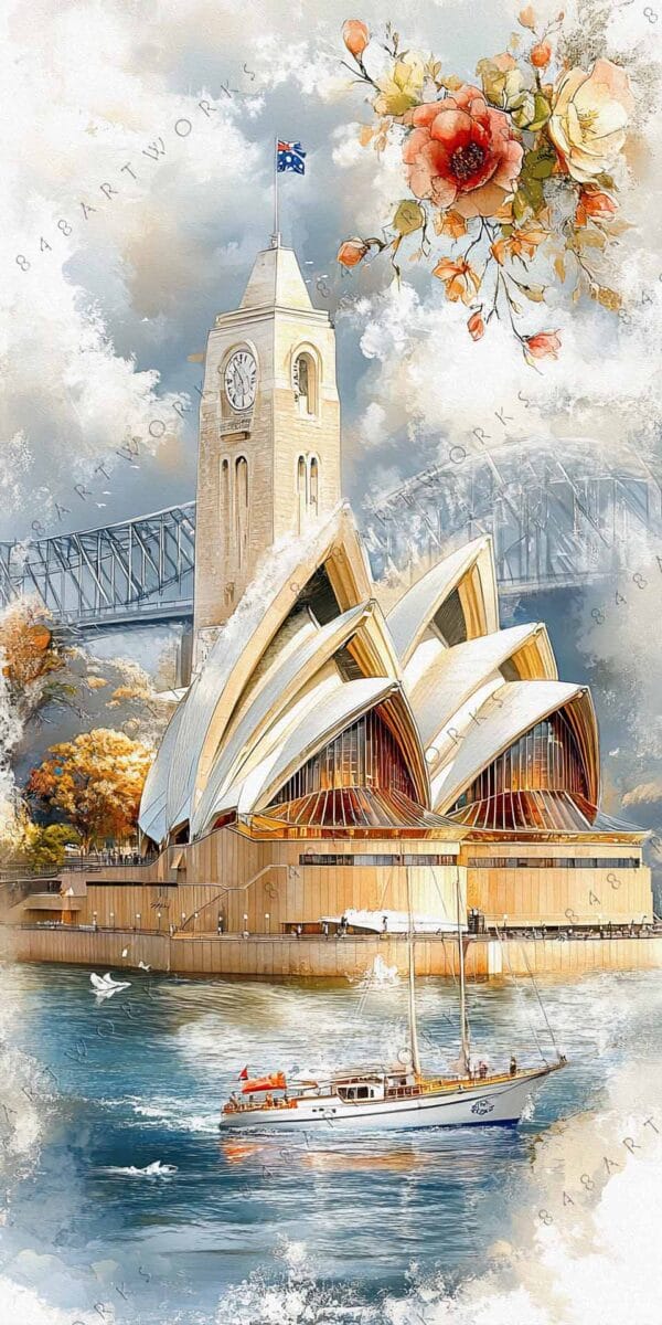 "Digital painting of iconic opera house, bridge, and flowers, with serene water and sky."
