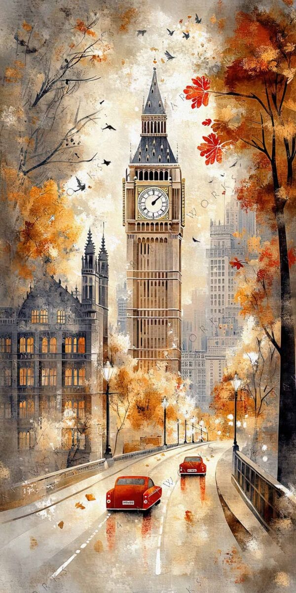 "Digital art of Big Ben with autumn trees and red cars on a rainy day."
