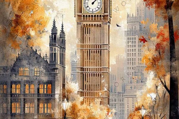"Digital art of Big Ben with autumn trees and red cars on a rainy day."