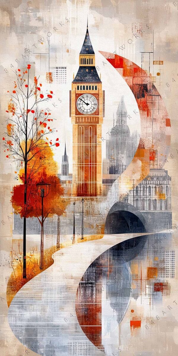 "Abstract digital painting of iconic clock tower with autumn trees and geometric shapes."