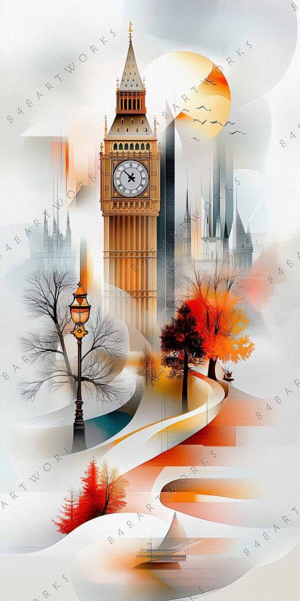 "Abstract digital art of iconic tower, vibrant autumn trees, and swirling geometric shapes."