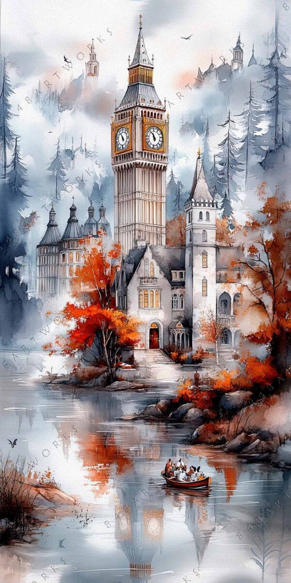Digital painting of a castle and clock tower by a lake in autumn colors.