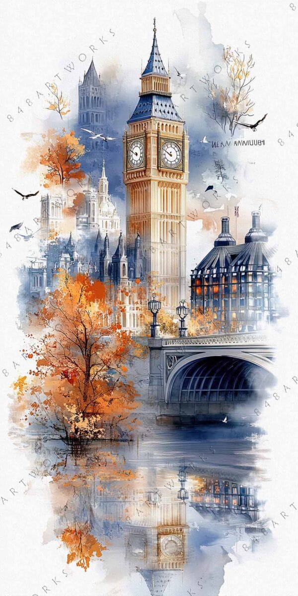 Watercolor painting of iconic tower and autumn trees, featuring blue and orange hues.