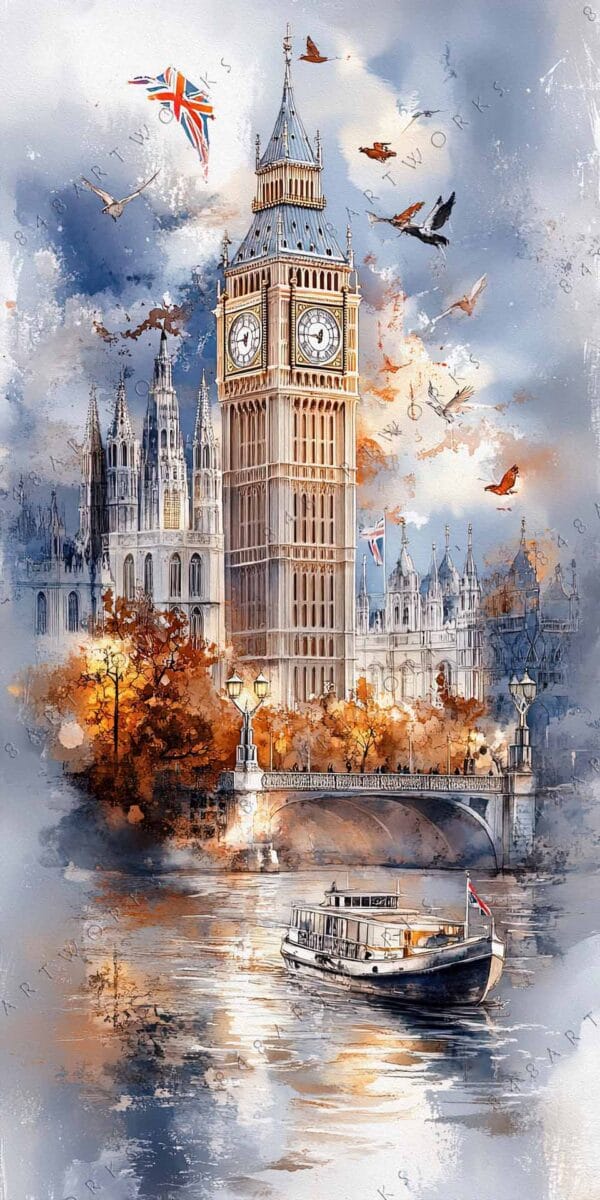 "Watercolor painting of Big Ben and Westminster with autumnal trees and a riverboat."