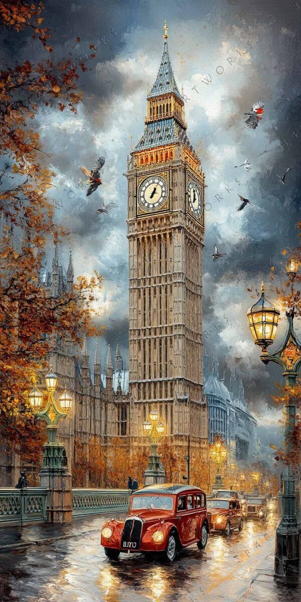 "Oil painting of Big Ben on a rainy day with vintage red car and birds."