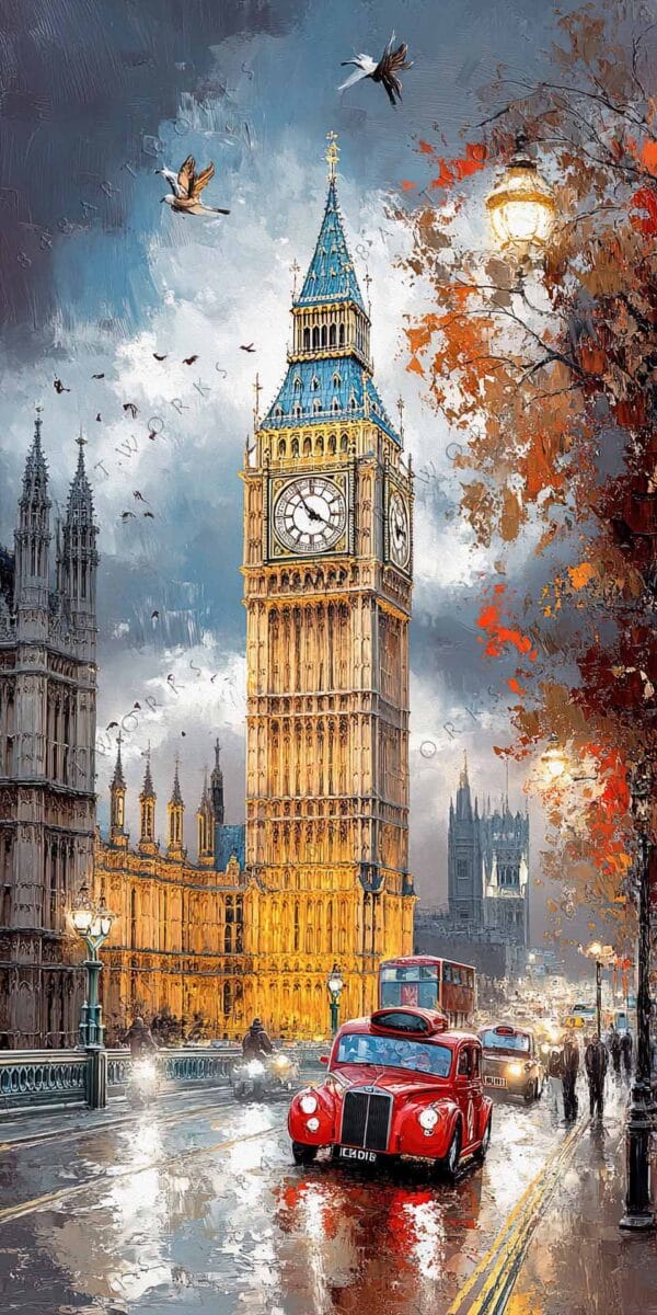 Impressionist painting of Big Ben, red buses, and autumn trees under a cloudy sky.