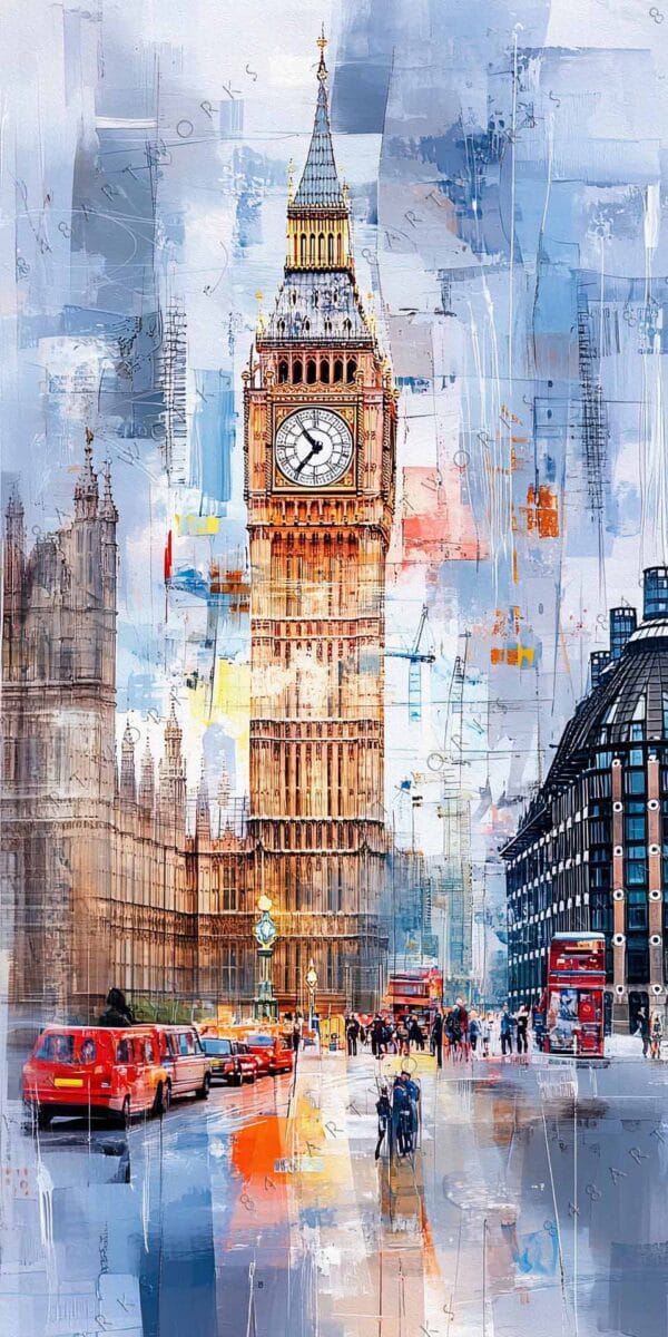 "Abstract digital painting of Big Ben with vibrant blue and orange hues."
