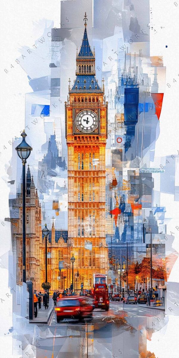 Digital painting of Big Ben with vibrant colors and abstract geometric elements.