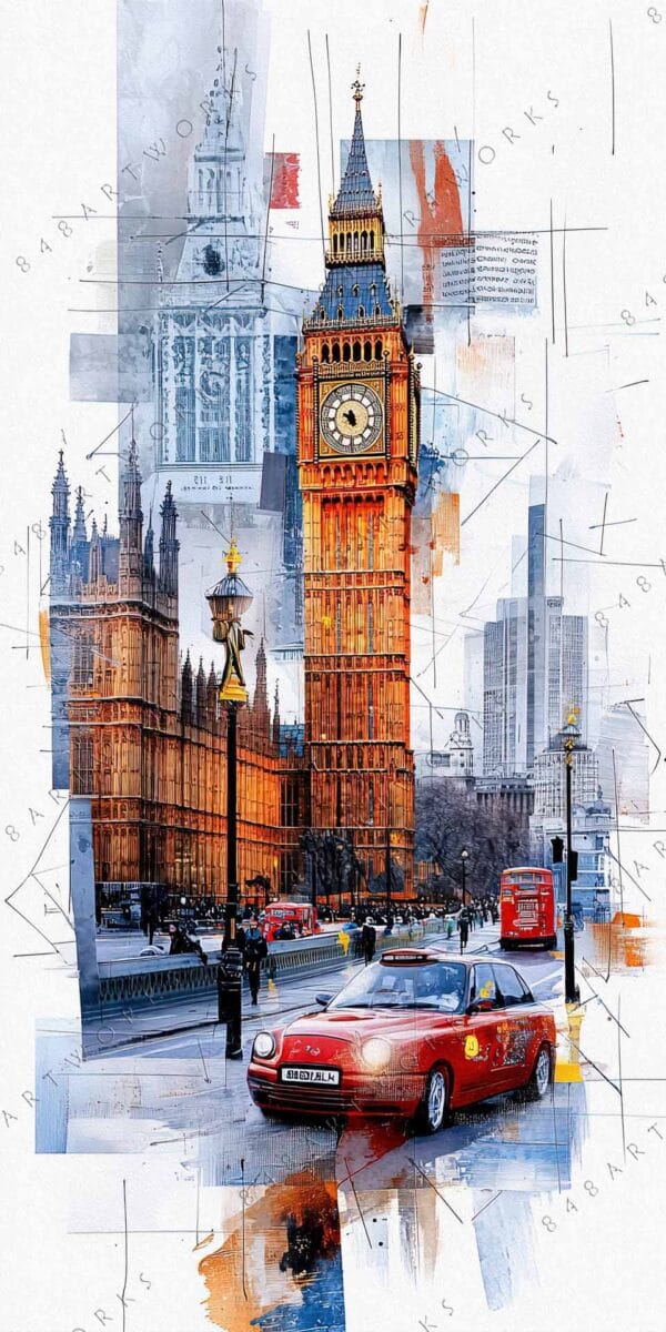 Digital art of Big Ben and London street with red car and double-decker bus.