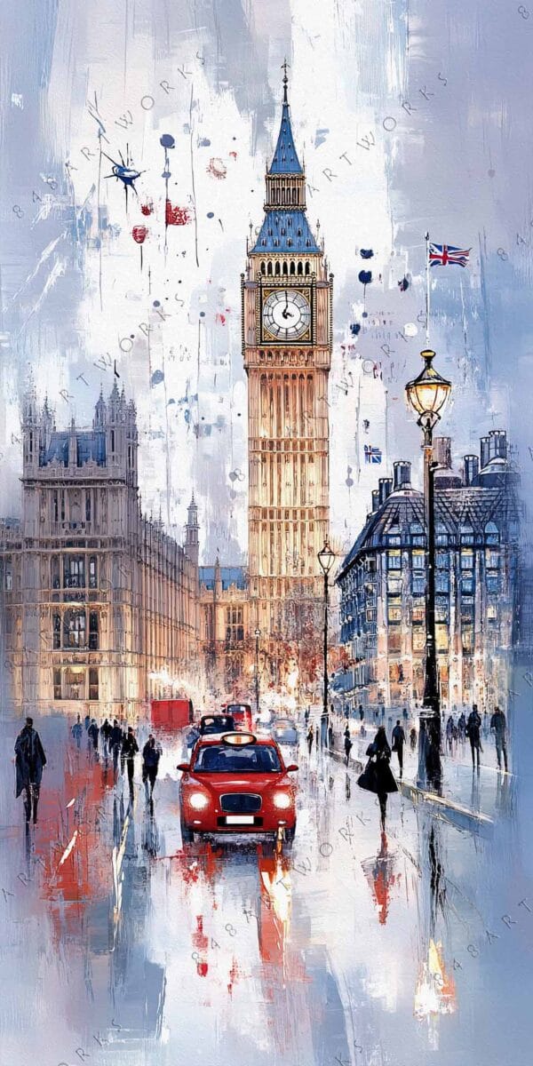 "Impressionistic painting of Big Ben and London street scene with red taxis."
