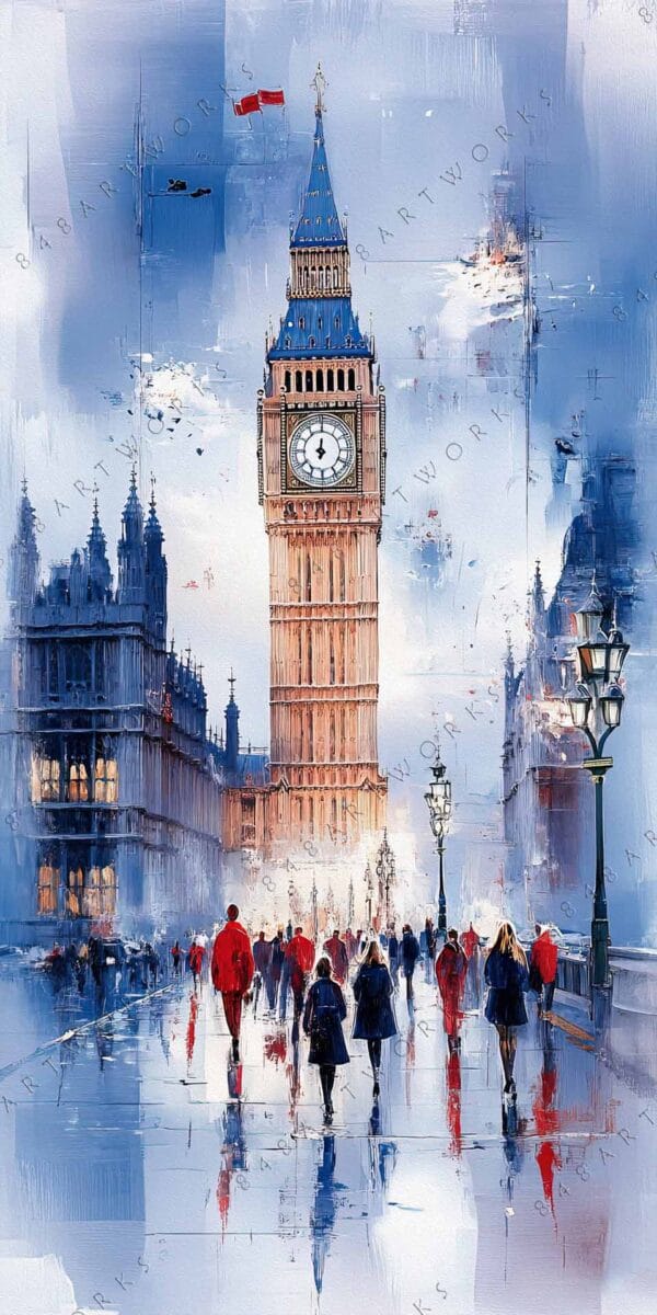 Impressionistic digital painting of Big Ben with people in red walking below.