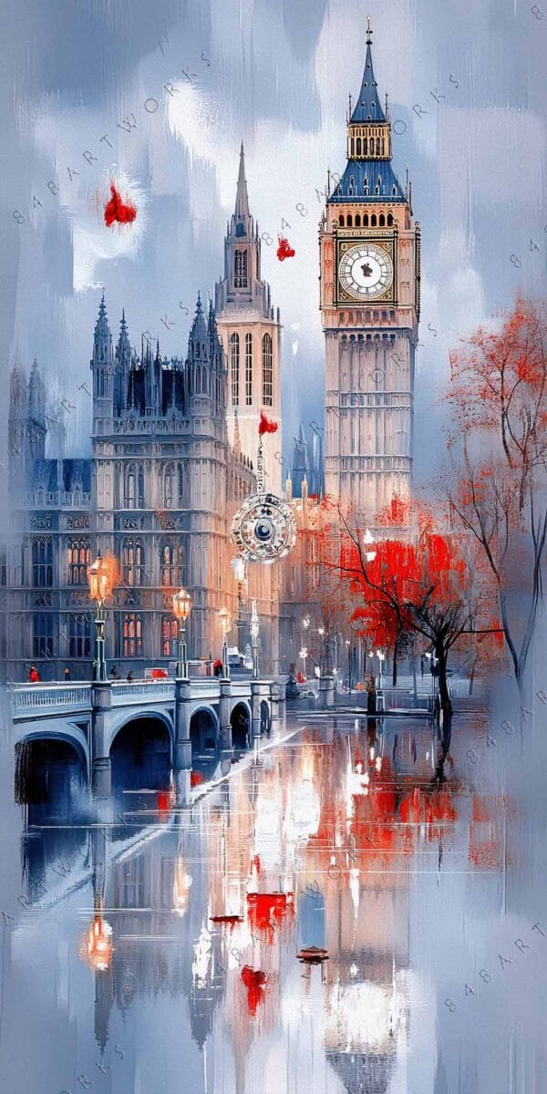 "Digital painting of London skyline in blue and red with reflected cityscape."