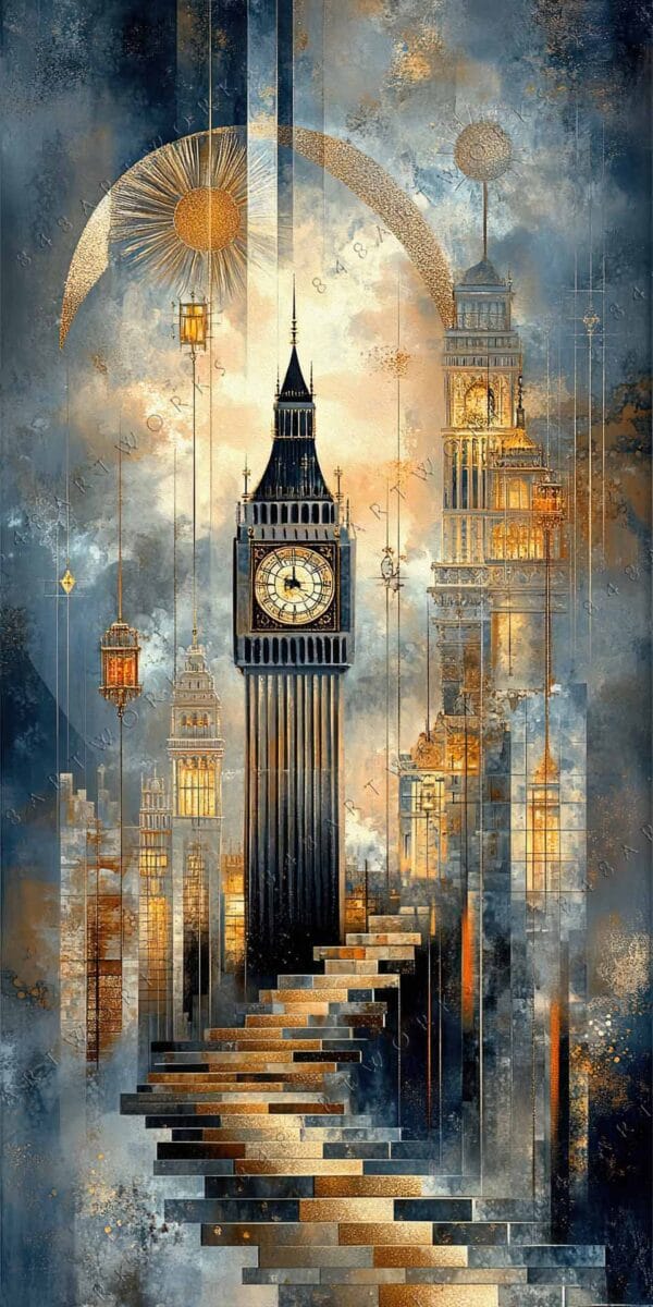 "Surreal digital art of Big Ben with abstract cityscape in blue and gold hues."