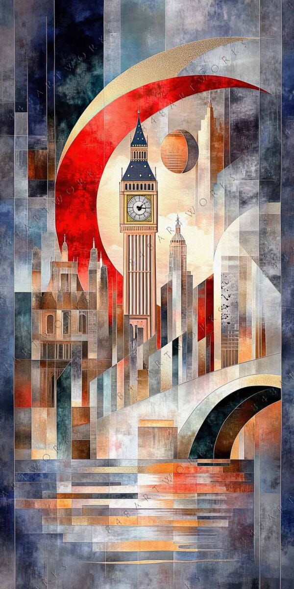 "Abstract digital cityscape with geometric buildings in red, blue, and gold tones."