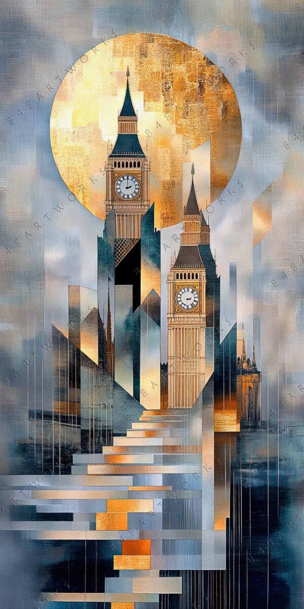 "Geometric digital painting of Big Ben with abstract gold and blue elements."