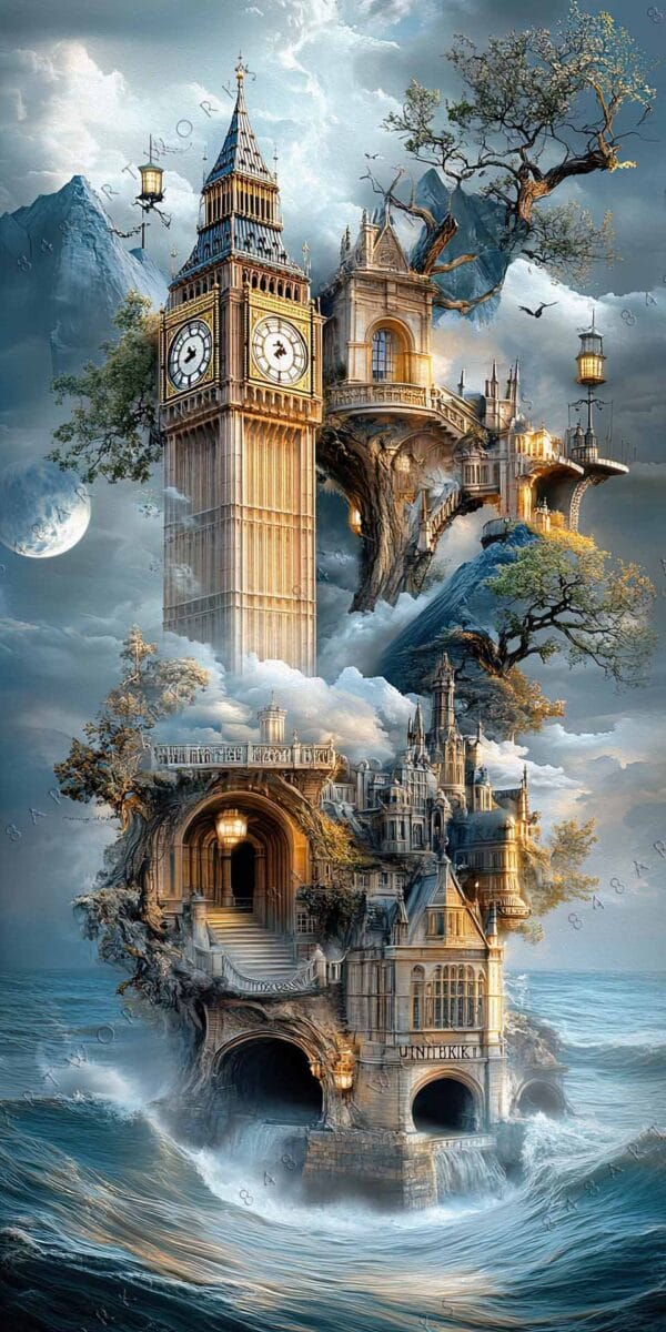 "Fantasy digital painting of surreal buildings merging with trees above turbulent ocean waves."