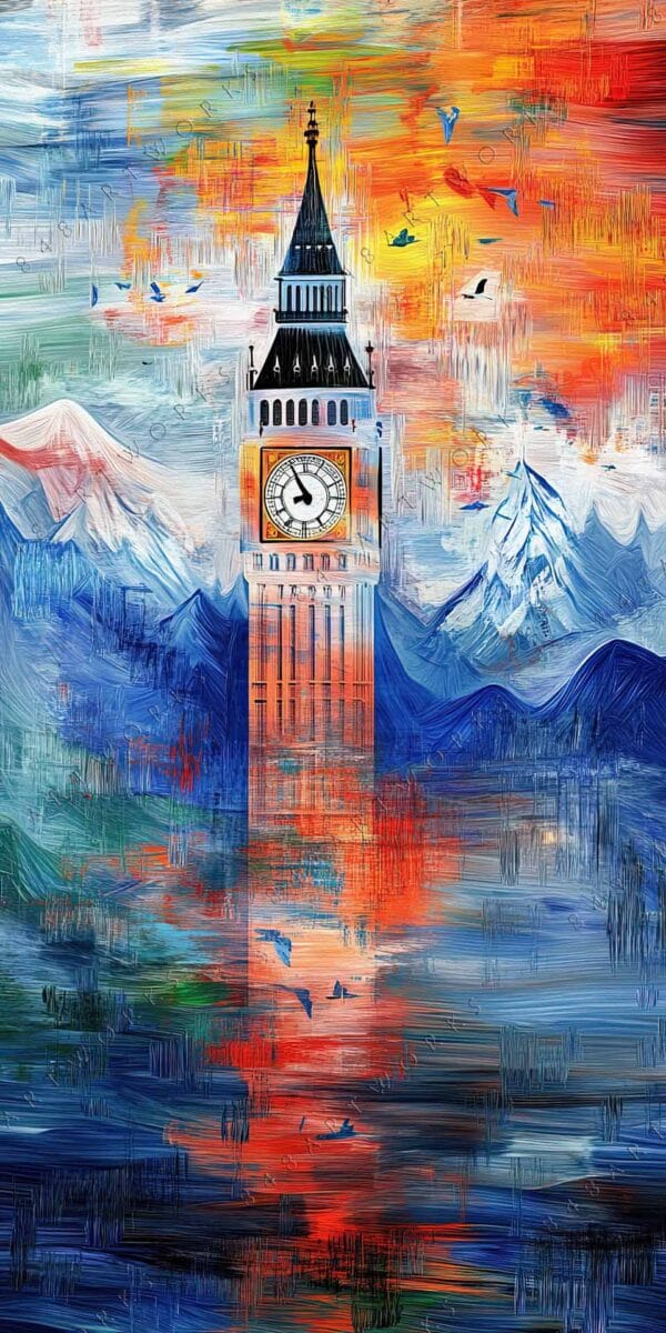 Impressionist digital painting of Big Ben reflecting on water, with mountains and vibrant colors.