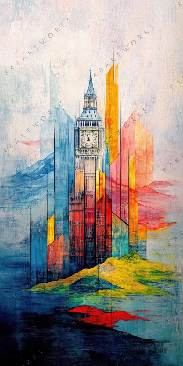 "Abstract digital painting of Big Ben with geometric shapes in vibrant colors."