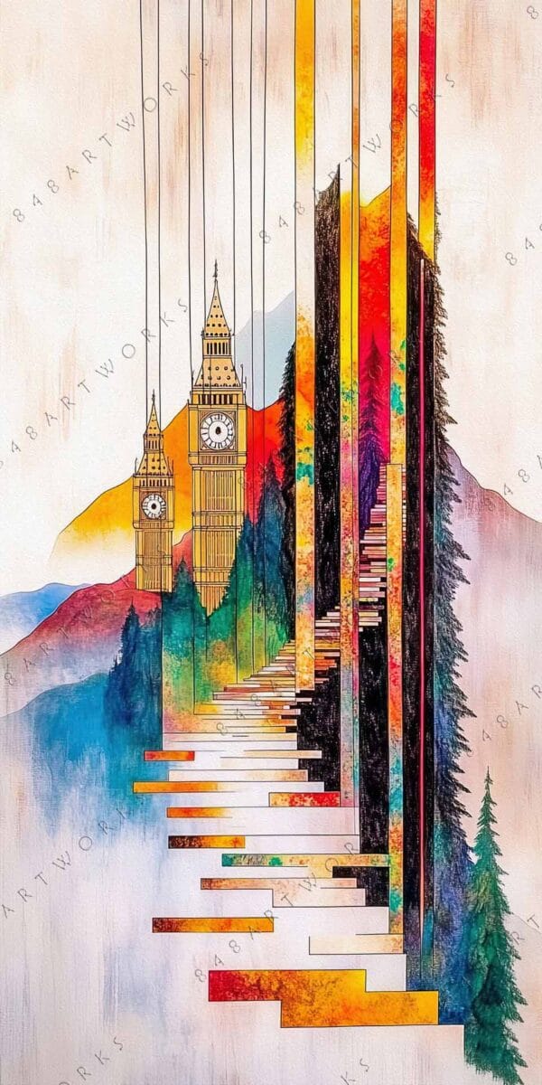 Abstract digital art of Big Ben with vertical multicolored lines and trees.