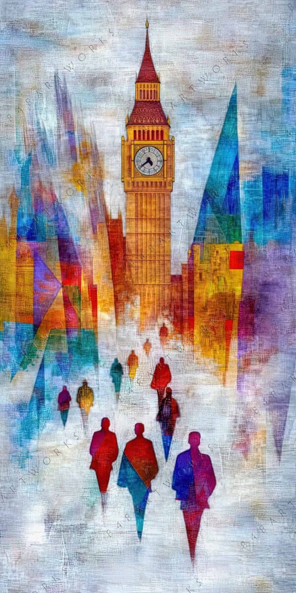 "Abstract digital painting of Big Ben with colorful geometric shapes and figures."