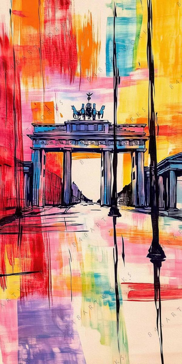 Abstract digital painting of Brandenburg Gate with vibrant red, orange, yellow, and blue shades.