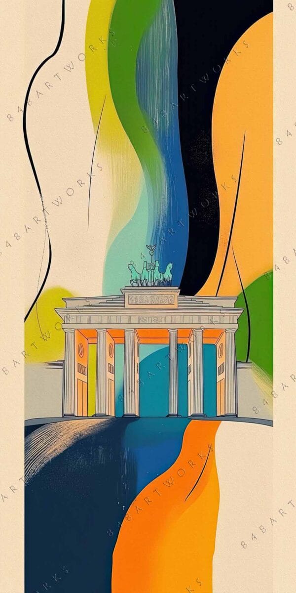 "Abstract digital artwork of Brandenburg Gate with flowing shapes in yellow, blue, and green."