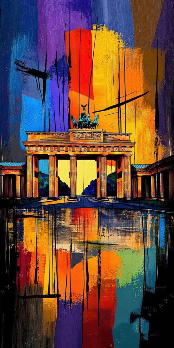 "Abstract digital painting of Brandenburg Gate with vibrant orange, blue, and yellow brushstrokes."