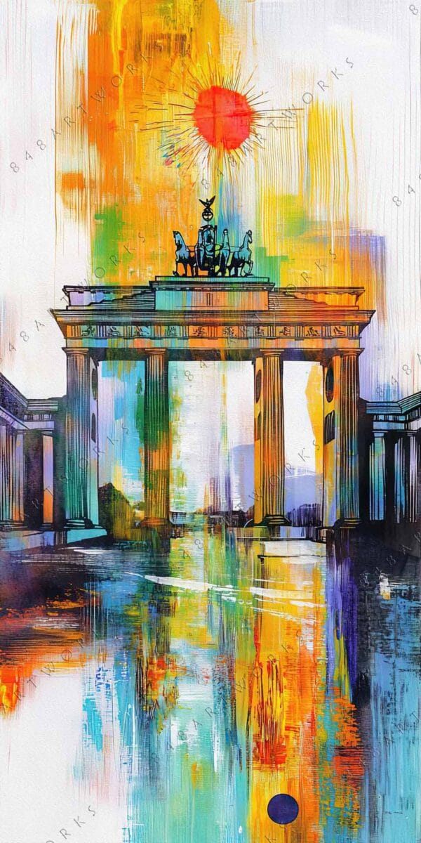 "Colorful digital painting of Brandenburg Gate with abstract sunburst and vibrant vertical strokes."