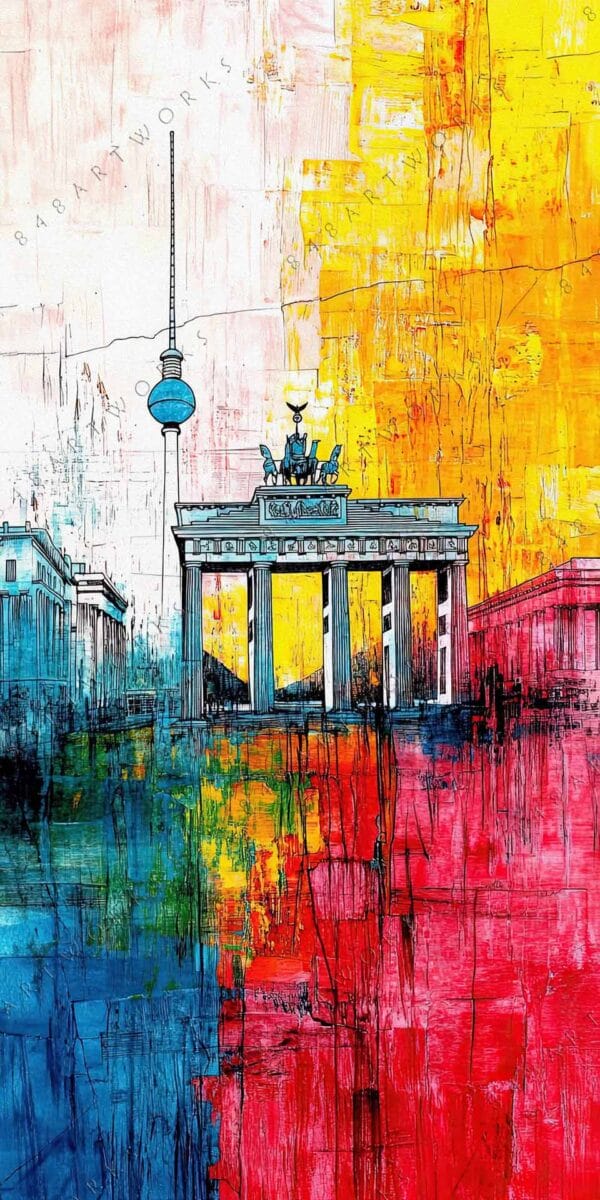 "Abstract painting of Berlin landmarks with vivid blue, red, and yellow textures."