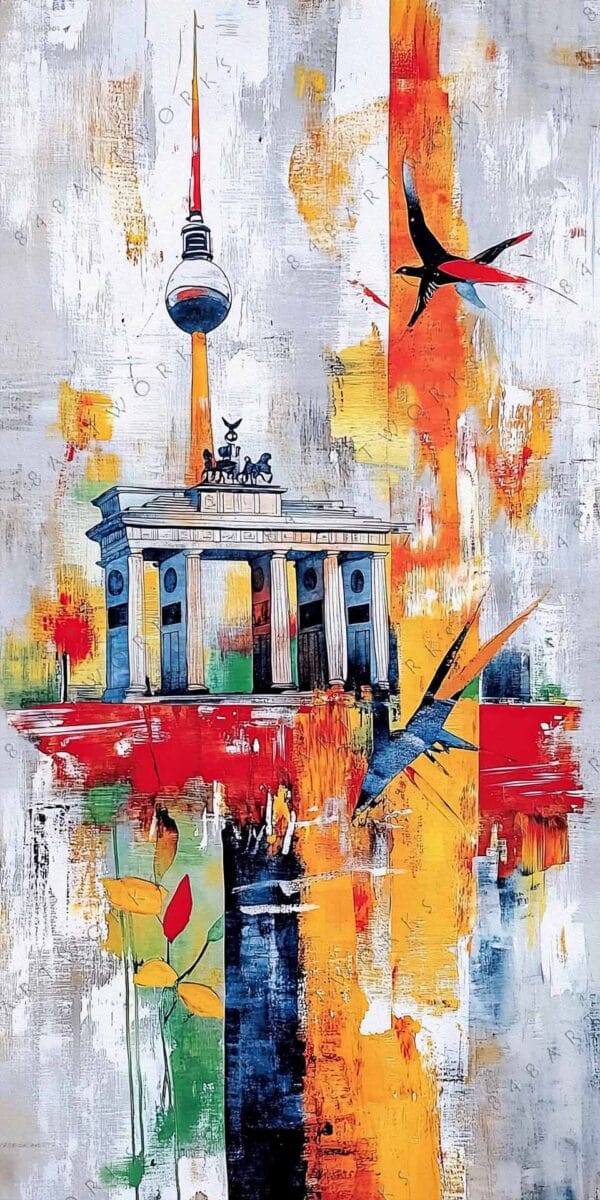"Abstract painting of a famous landmark with colorful birds and vibrant orange accents."