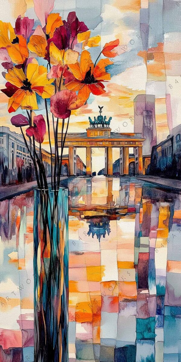 "Colorful digital painting of flowers in a vase with urban architecture in the background."