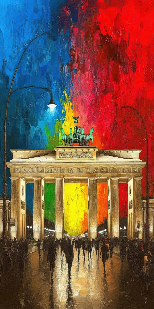 Digital painting of Brandenburg Gate with colorful abstract background in blue, red, and yellow.