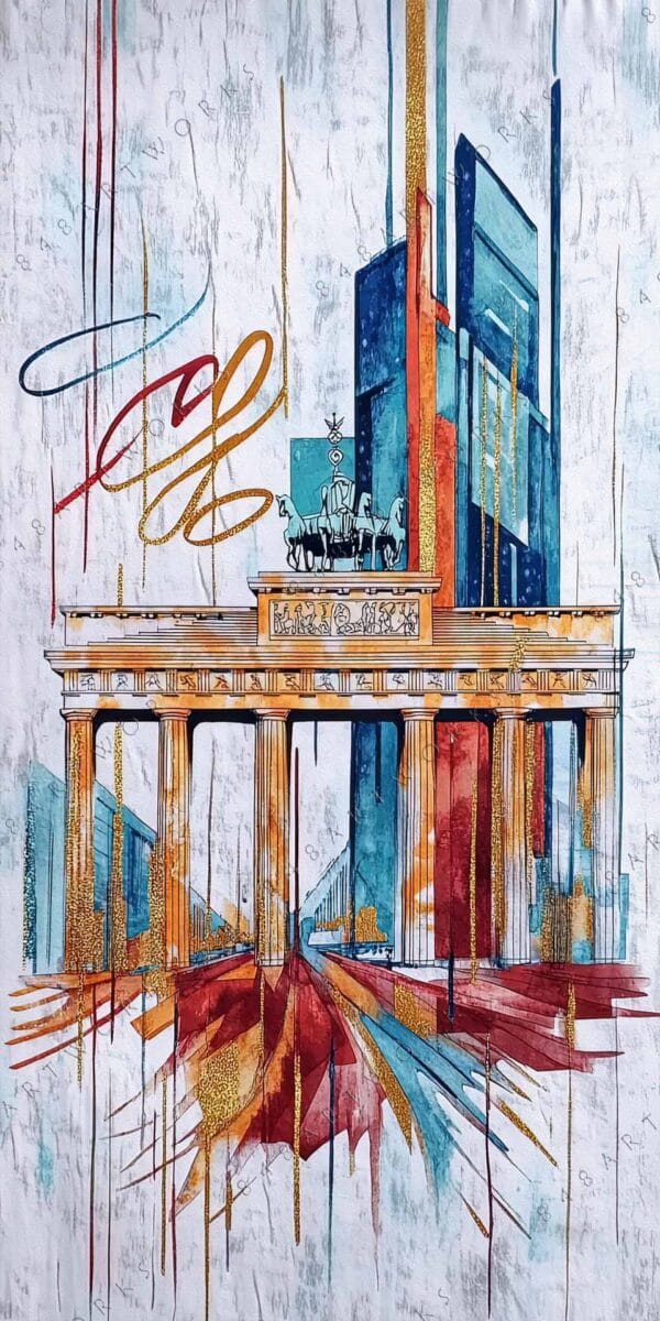 Abstract painting of Brandenburg Gate with gold, blue, and red geometric accents.