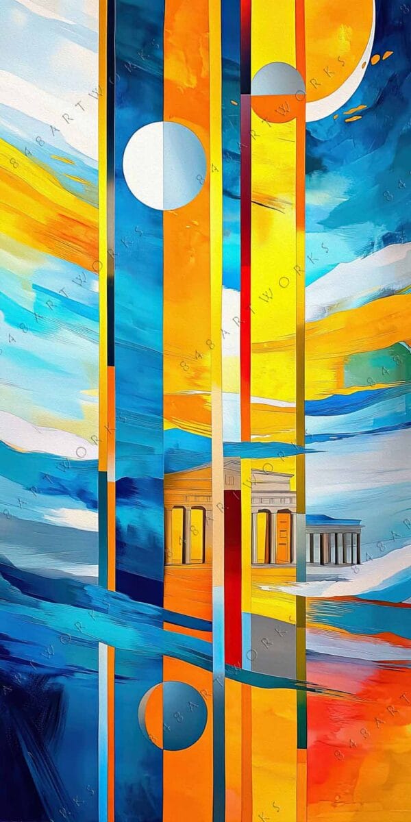 Abstract digital art with vibrant blues, oranges, and geometric shapes, featuring architectural elements.