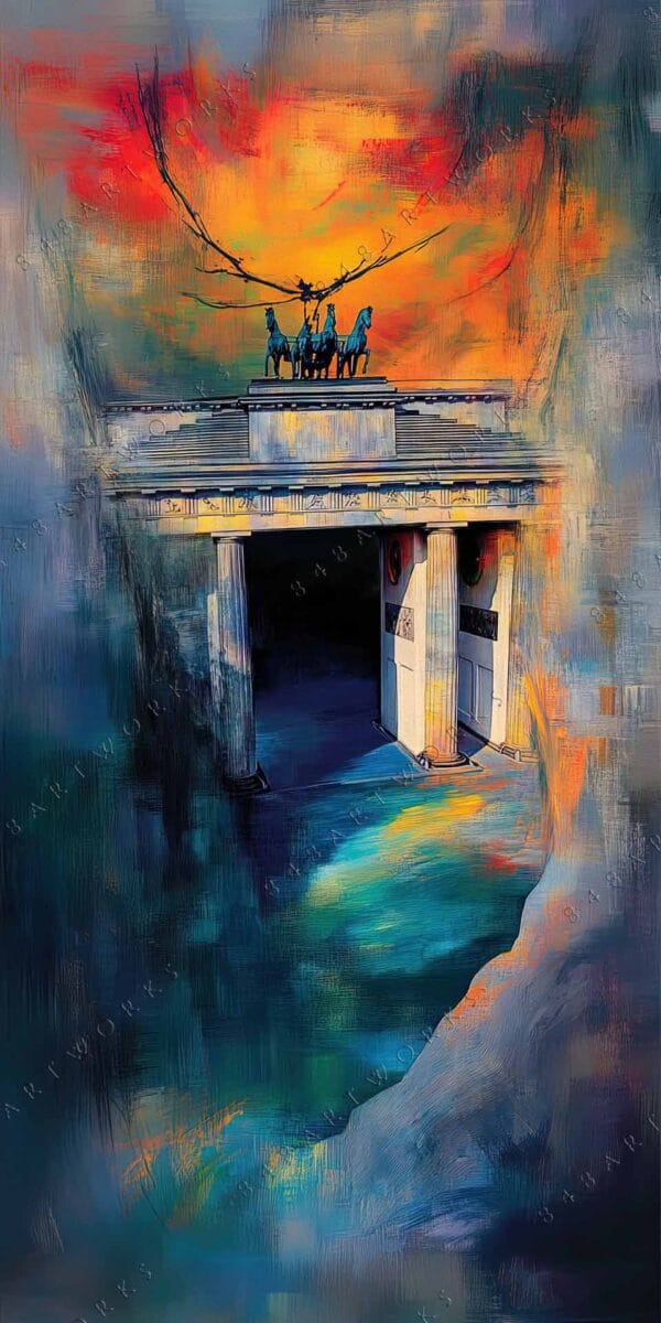 "Digital painting of a city gate with vibrant orange and blue abstract background."