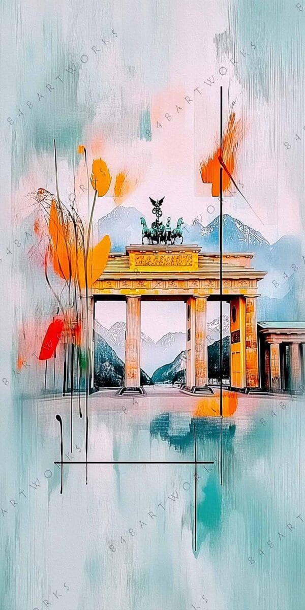 "Abstract digital art of Brandenburg Gate with teal, orange, and pastel brush strokes."