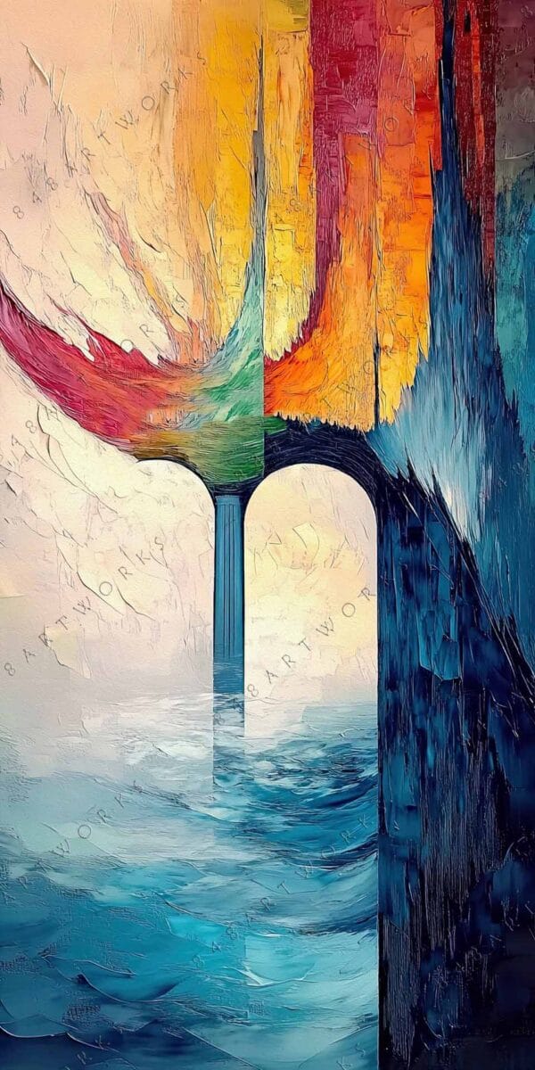 Abstract painting of an archway with vibrant reds, blues, and yellows.
