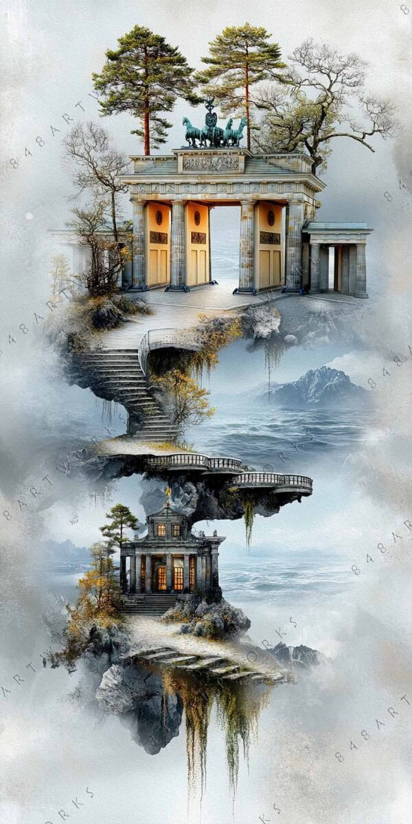 "Surreal digital art of floating classical architecture amid misty landscape and trees."
