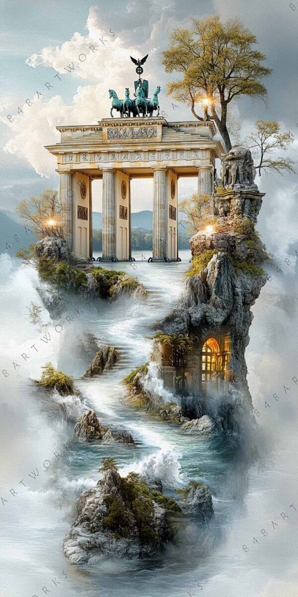 Surreal digital artwork of Brandenburg Gate with flowing waterfall on rocky landscape.