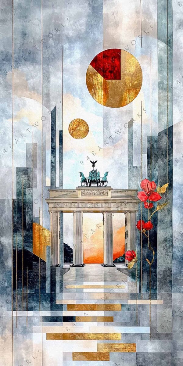 "Geometric digital art of Brandenburg Gate with gold accents and abstract flowers."