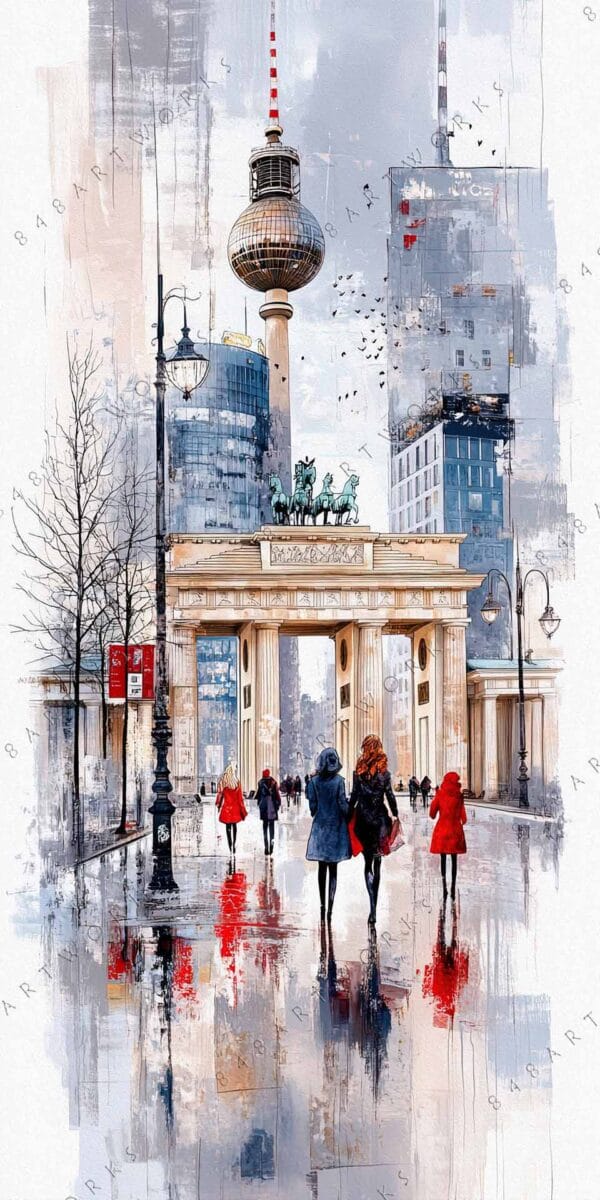 Digital painting of Berlin's Brandenburg Gate, with figures and reflections in red and blue.