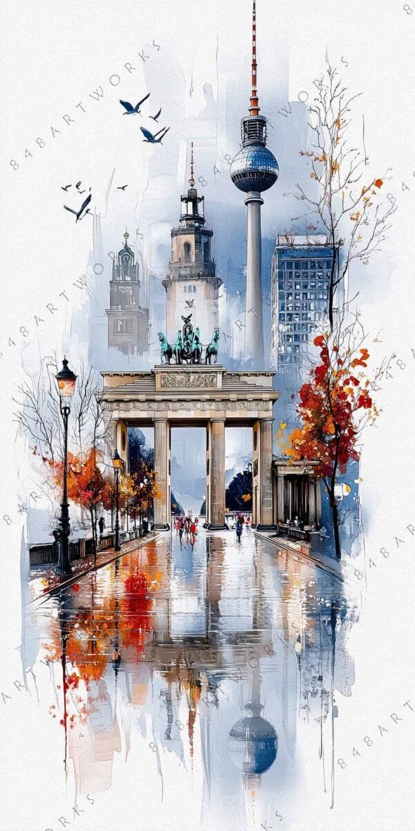 "Watercolor painting of cityscape with Brandenburg Gate, autumn trees, and overcast sky."