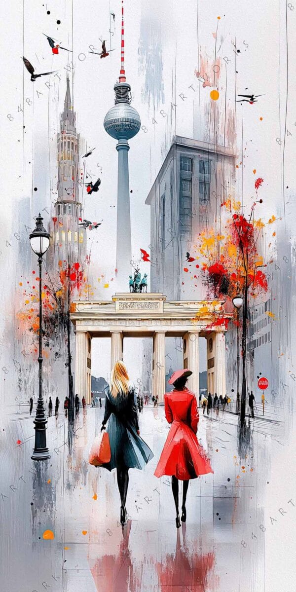 "Digital painting of two women in coats walking towards Berlin landmarks with vibrant cityscape."