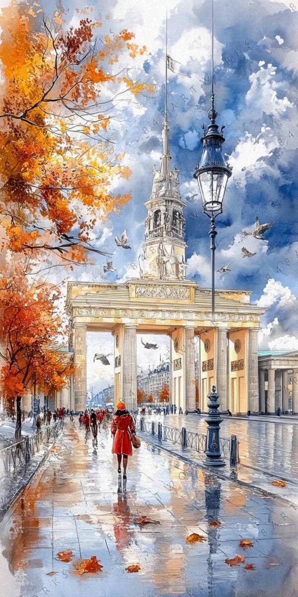 Digital painting of an autumn street scene with people, colorful trees, and cloudy skies.